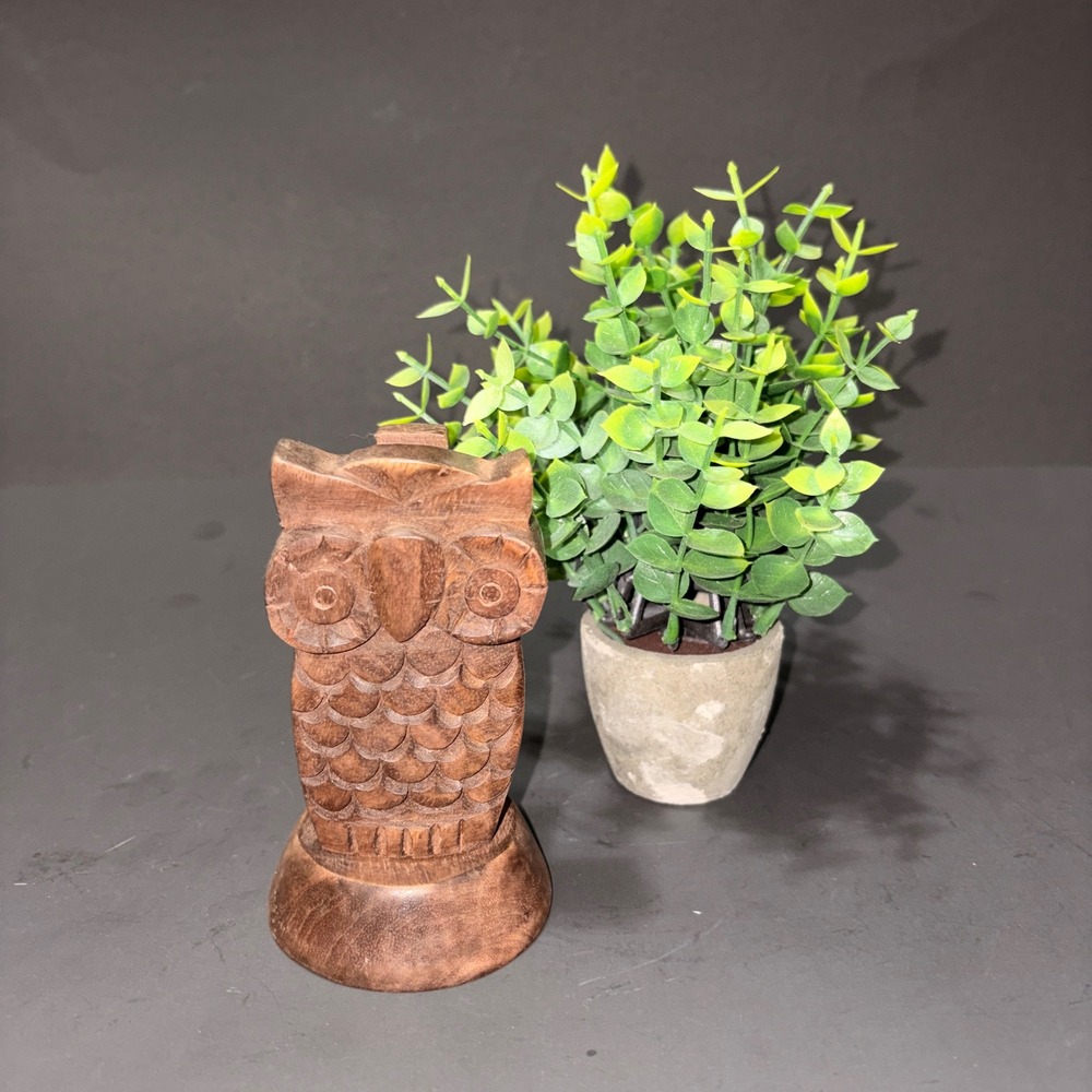 Hand Carved Wooden Owl Eyeglass Holder Stand Rustic Desk Accessory 5.5 Inch